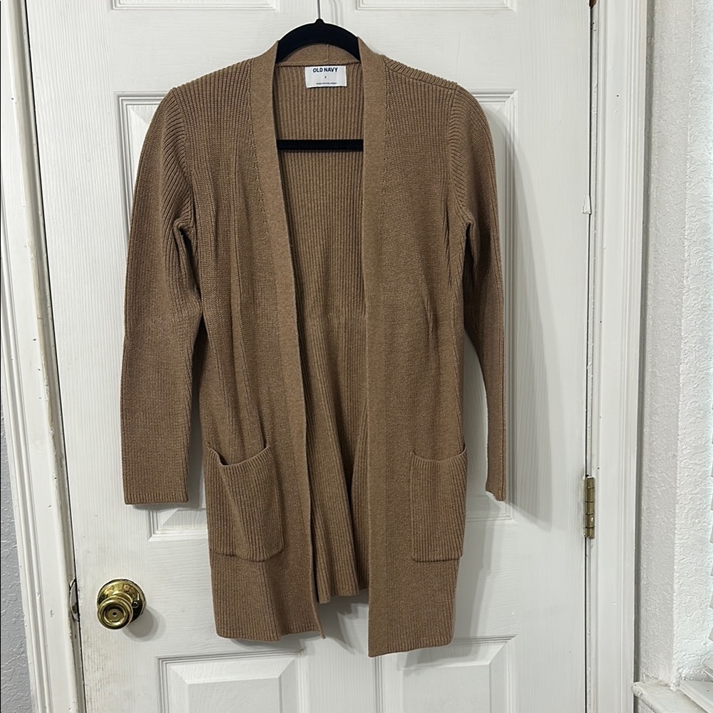 Taupe Open-Front Cardigan with Draped Neckline